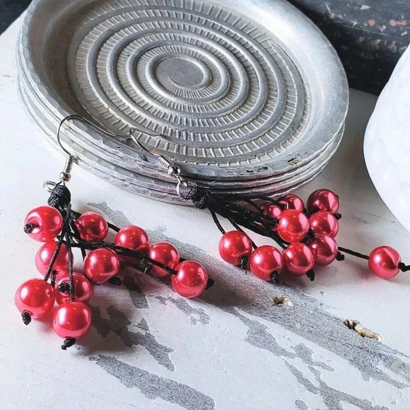 Black Silk and Glass Baubles Red Knotted Cord Dangly Earrings - Picture 1 of 4